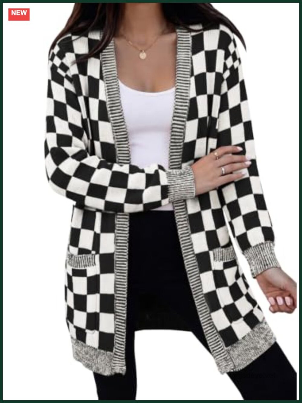 Women Checkered Open Front Cardigan Long Sleeve Chunky Knit Sweater with Pockets